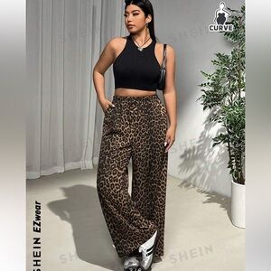 SHEIN EZwear Plus Size Women Fashionable Leopard Printed Wide Leg Pants